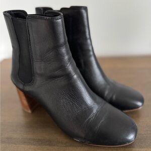 Ann Taylor Black Leather Ankle Boots with Brown Heel